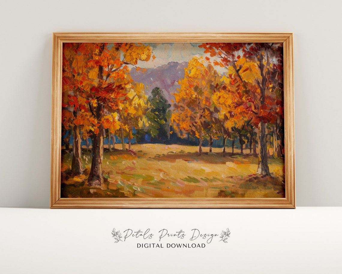 Vintage Autumn Forest Landscape Oil Painting Rustic Fall Art Print