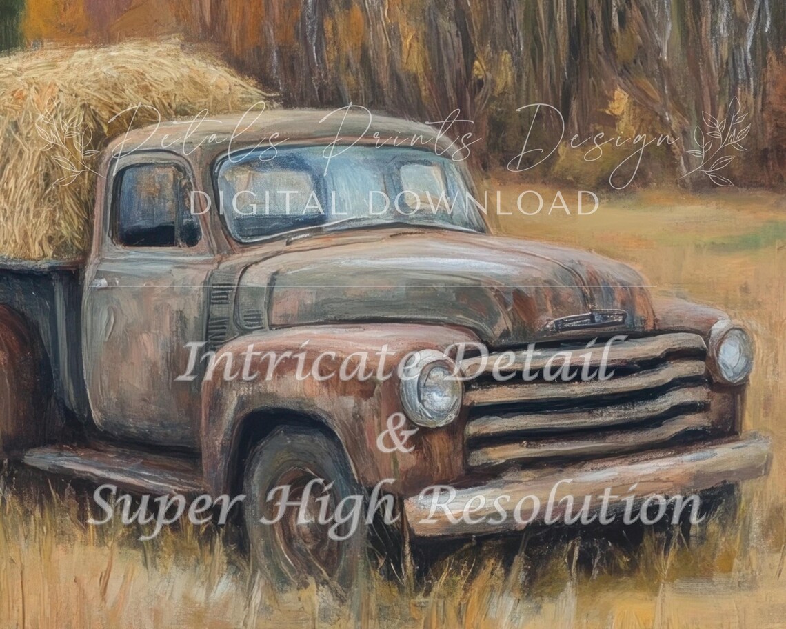 Vintage Farm Truck With Hay In Autumn Field Rustic Painting Poster - Image 2