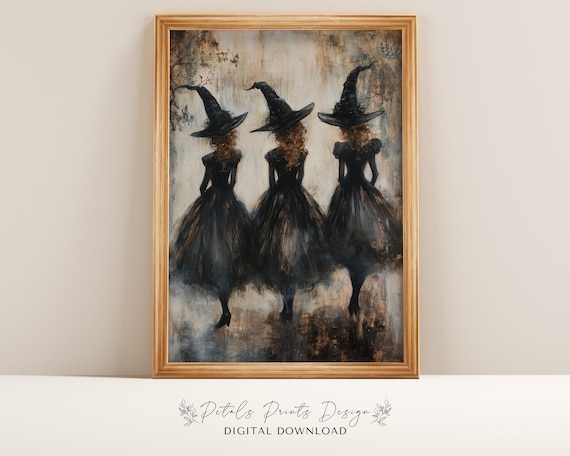 Three Witches from Behind in Black Gowns Vintage Halloween Art Poster