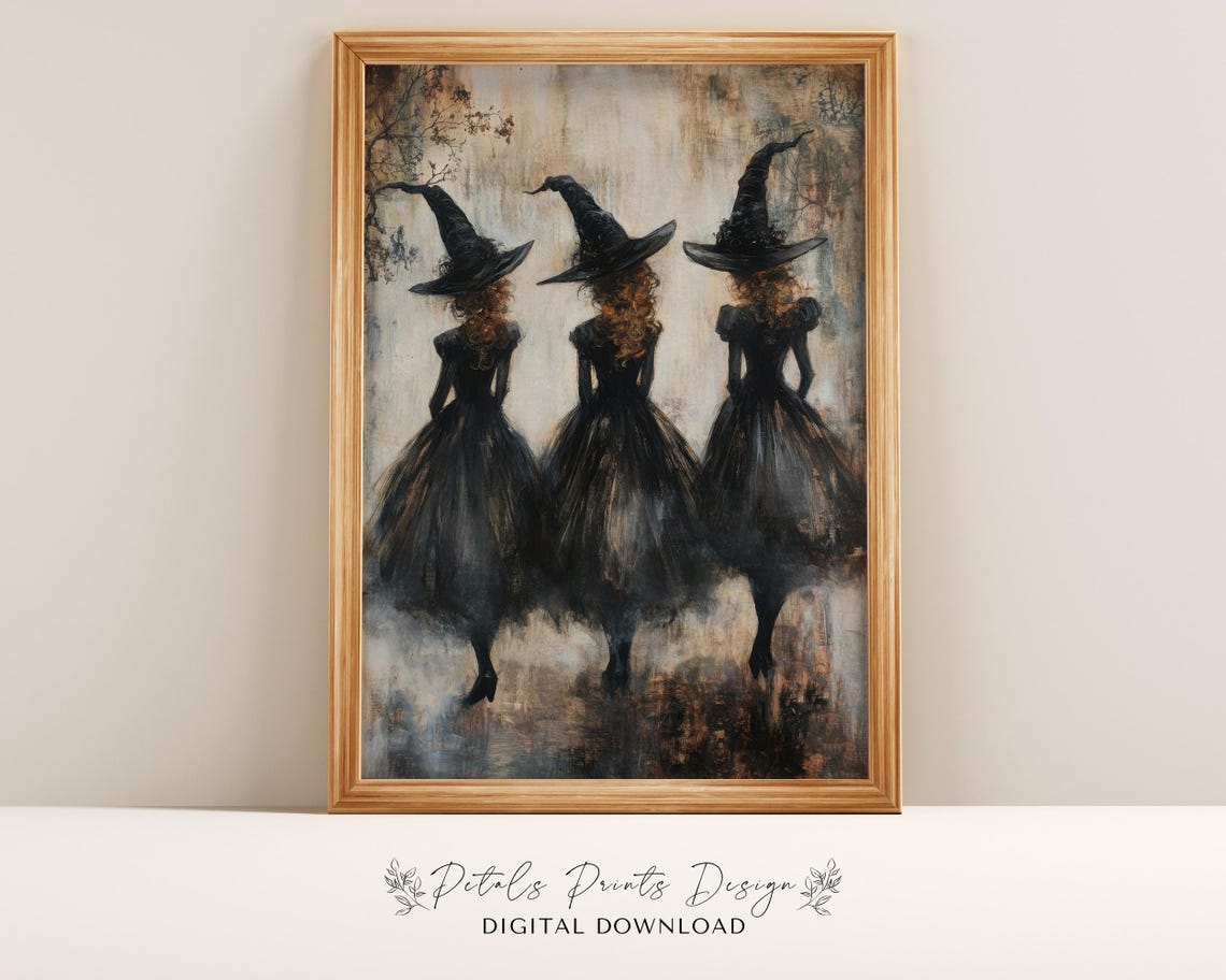 Three Witches from Behind in Black Gowns Vintage Halloween Art Poster