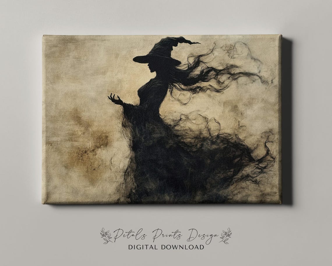 Witch Silhouette with Windswept Hair Dark Vintage Halloween Art Poster - Image 4