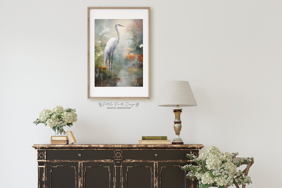Heron Water Garden Vintage Oil Painting Art Print - Image 2