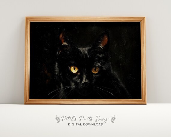 Black Cat Portrait Golden Eyes Dark Gothic Oil Painting Poster