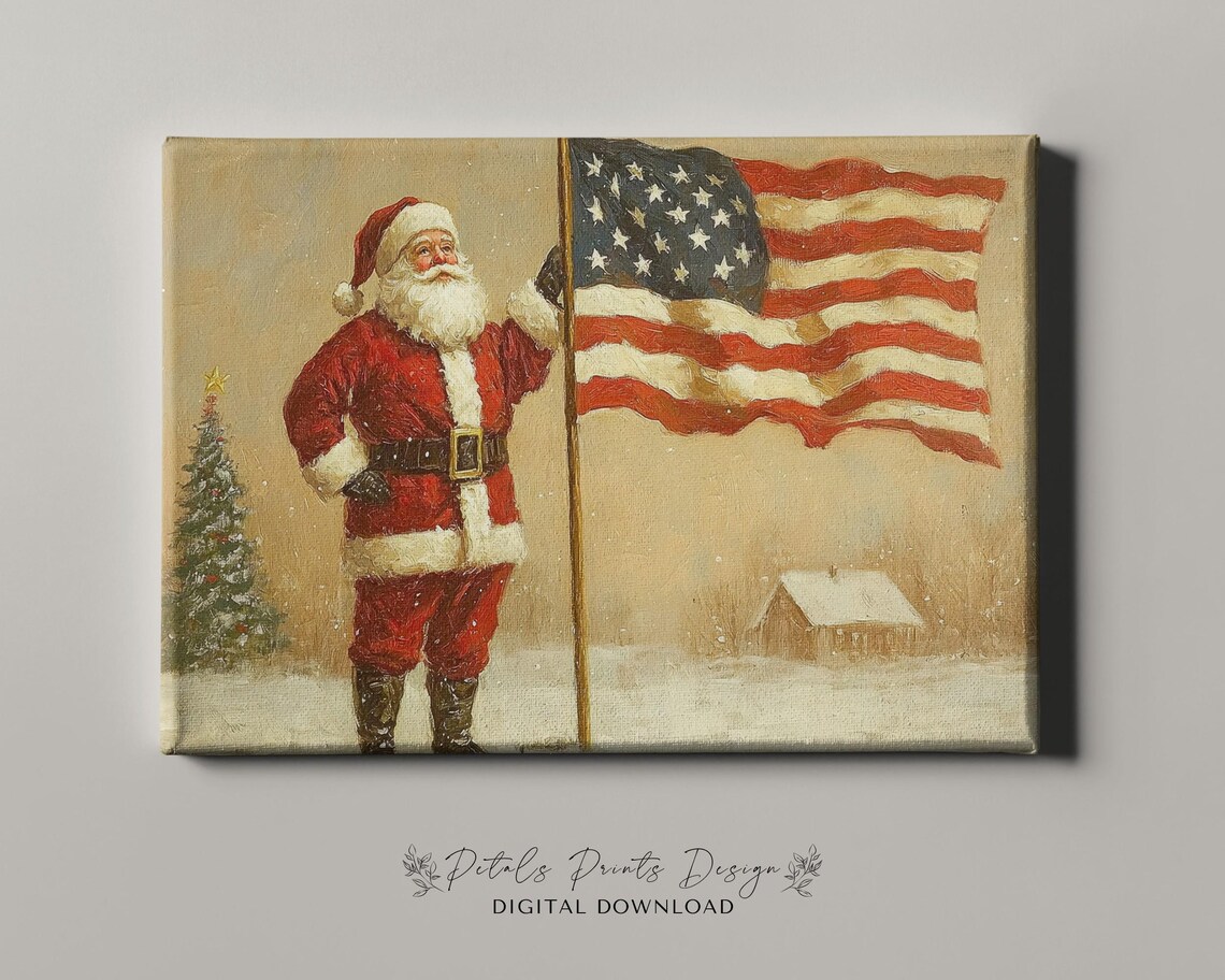 Santa Claus Standing with American Flag in Snowy Farm Scene Art Poster - Image 4