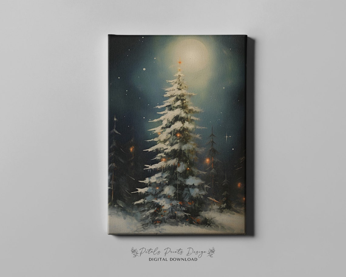 Snowy Christmas Tree Moonlight Star Night Vintage Holiday Poster - Image 4