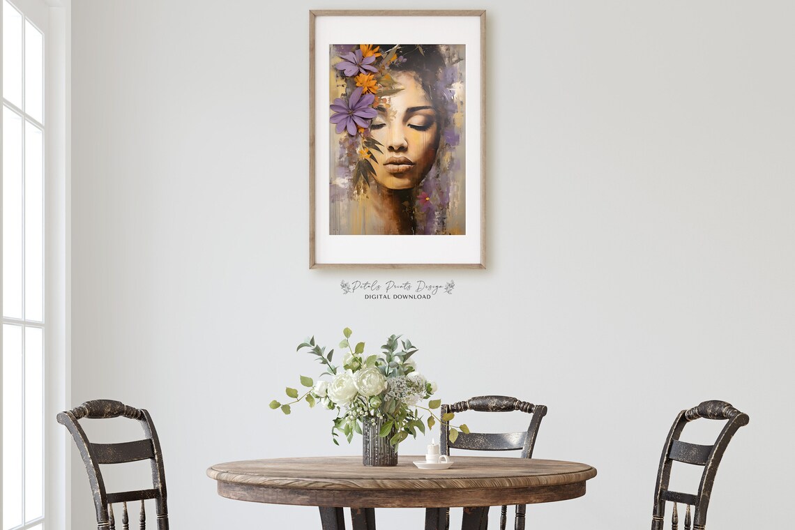 Woman with Closed Eyes Purple Orange Flowers Moody Portrait Poster - Image 2