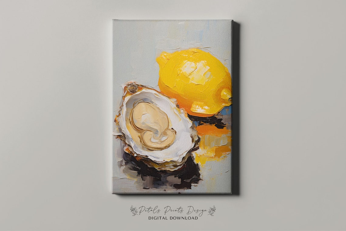 Impasto Oyster Lemon Textured Still Life Gray Background Poster - Image 4