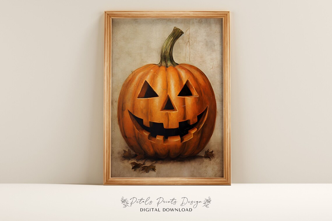 Vintage Pumpkin Halloween Art Print, Rustic Jack O'Lantern