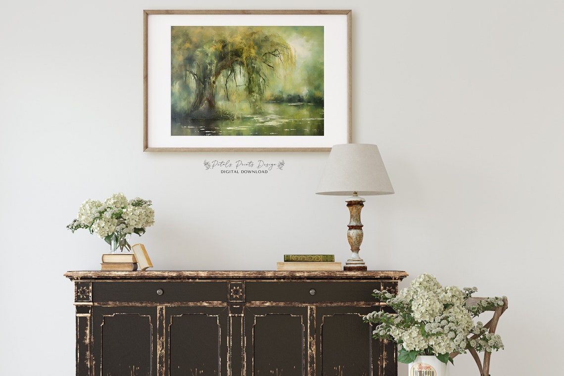 Grand Willow Tree Leaning Over Pond Golden Green Scene Poster - Image 2