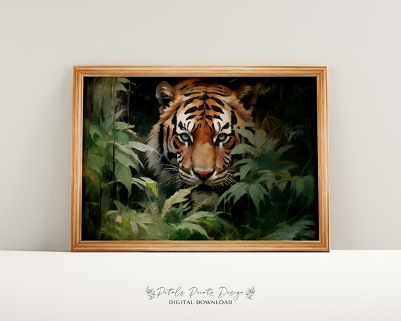 Majestic Tiger Face Jungle Leaves Painterly Wildlife Portrait Poster