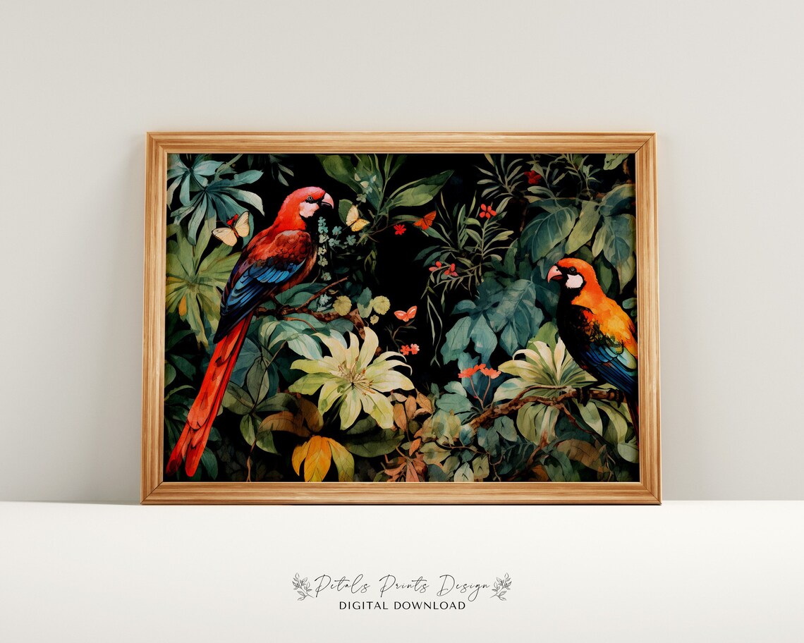 Colorful Macaw Parrots Dark Jungle Foliage Tropical Bird Poster