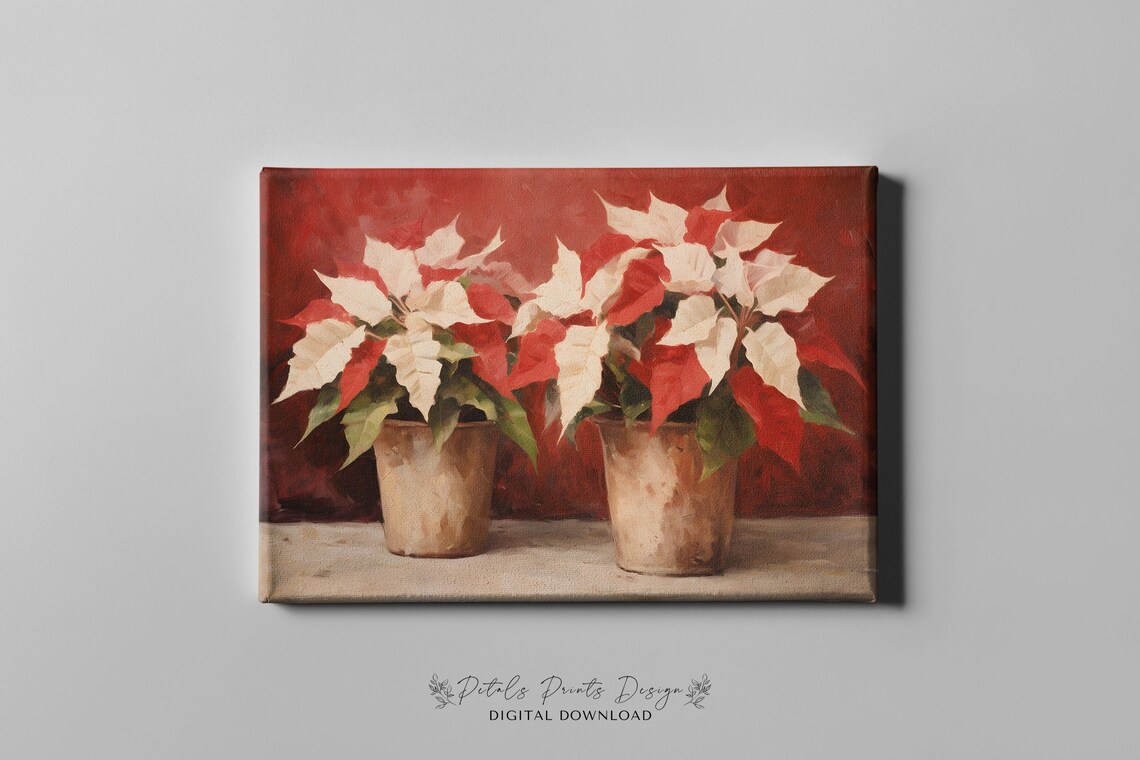 Two Potted Poinsettias Red Background Vintage Christmas Poster - Image 4