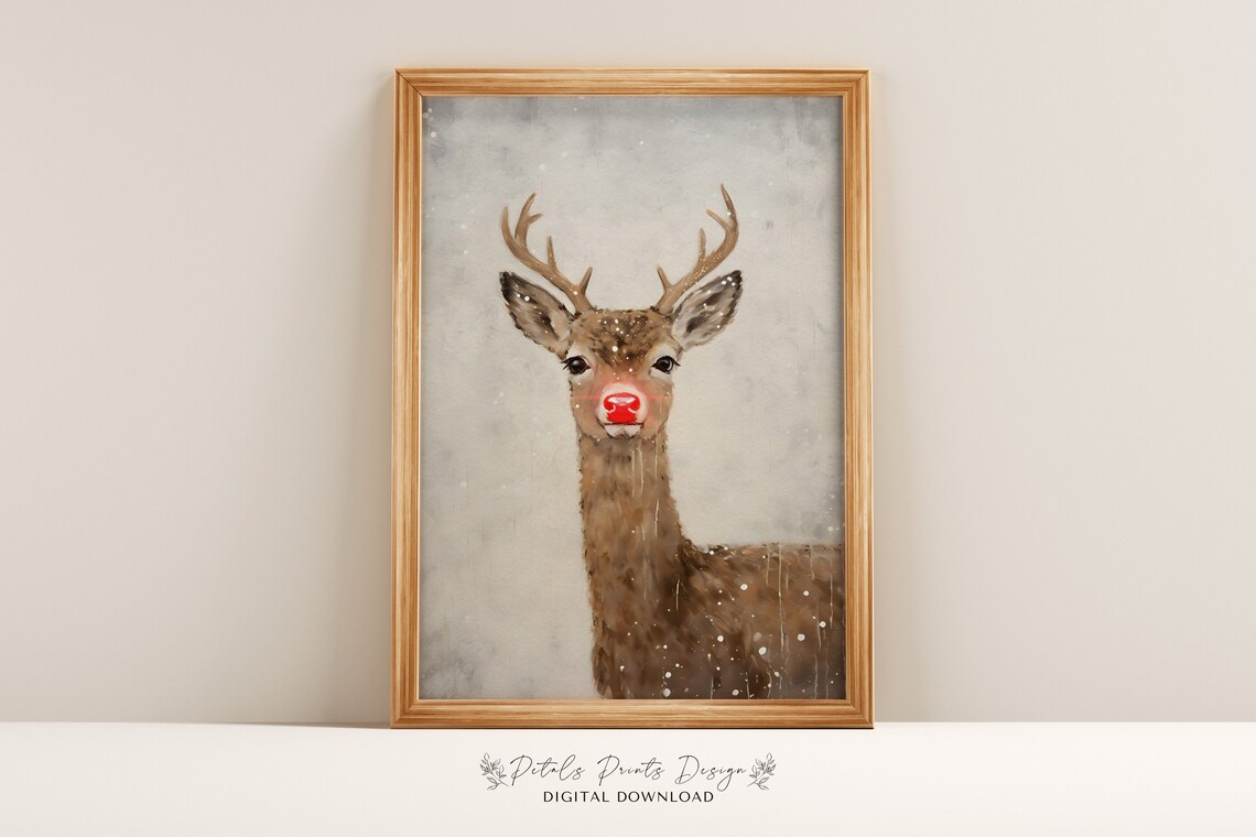 Reindeer Oil Painting Rustic Christmas Art Print