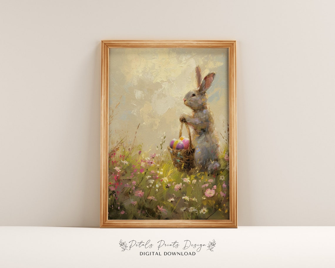 Bunny with Easter Egg Basket in Pink Wildflower Meadow Art Poster