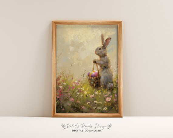 Bunny with Easter Egg Basket in Pink Wildflower Meadow Art Poster