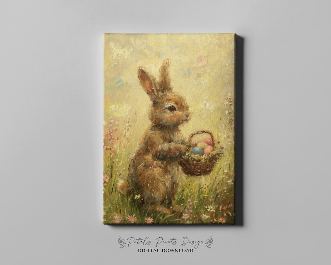 Brown Bunny with Easter Egg Basket Sunny Wildflower Meadow Poster - Image 4