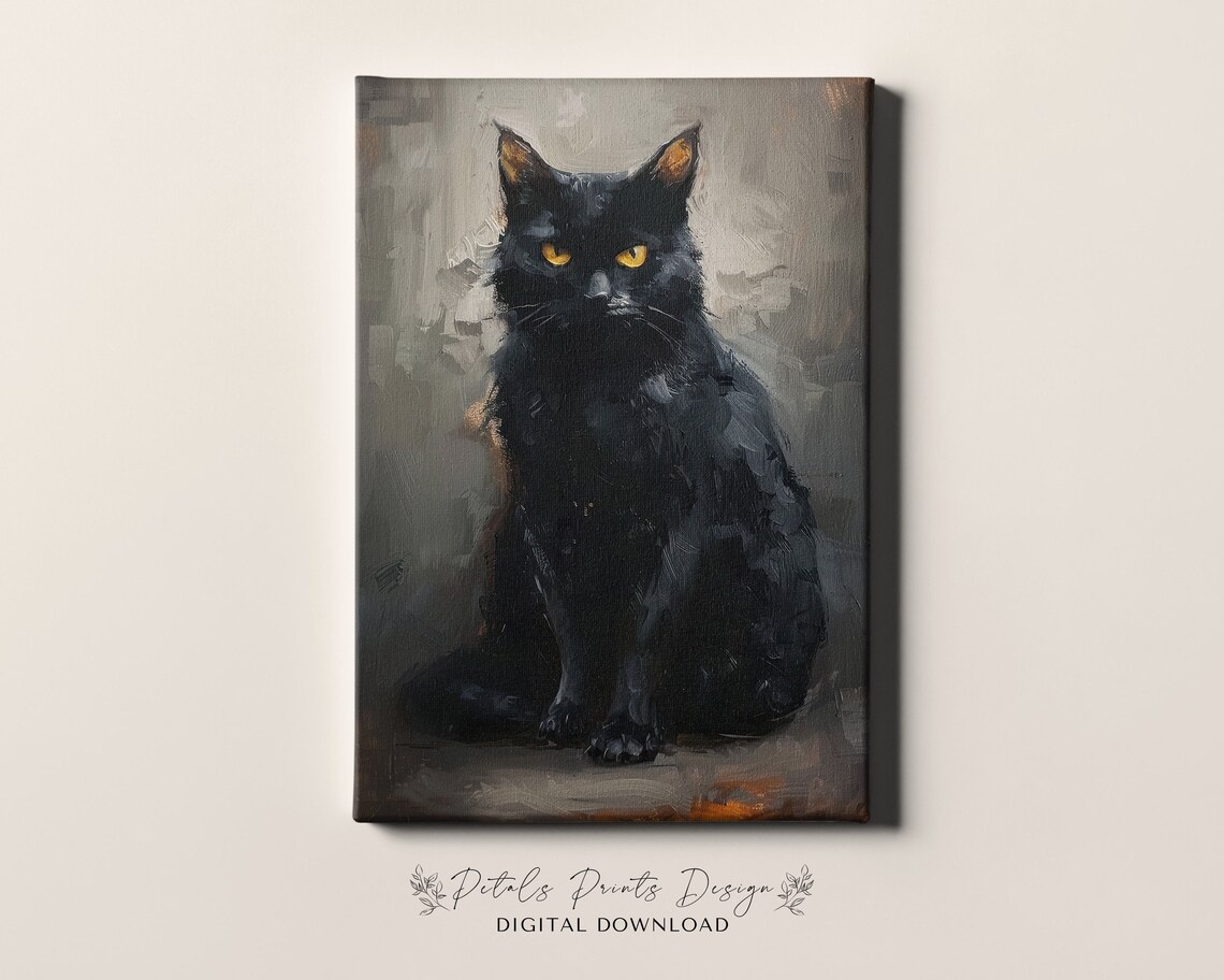 Black Cat Amber Eyes Oil Painting Spooky Cat Halloween Art Print - Image 4