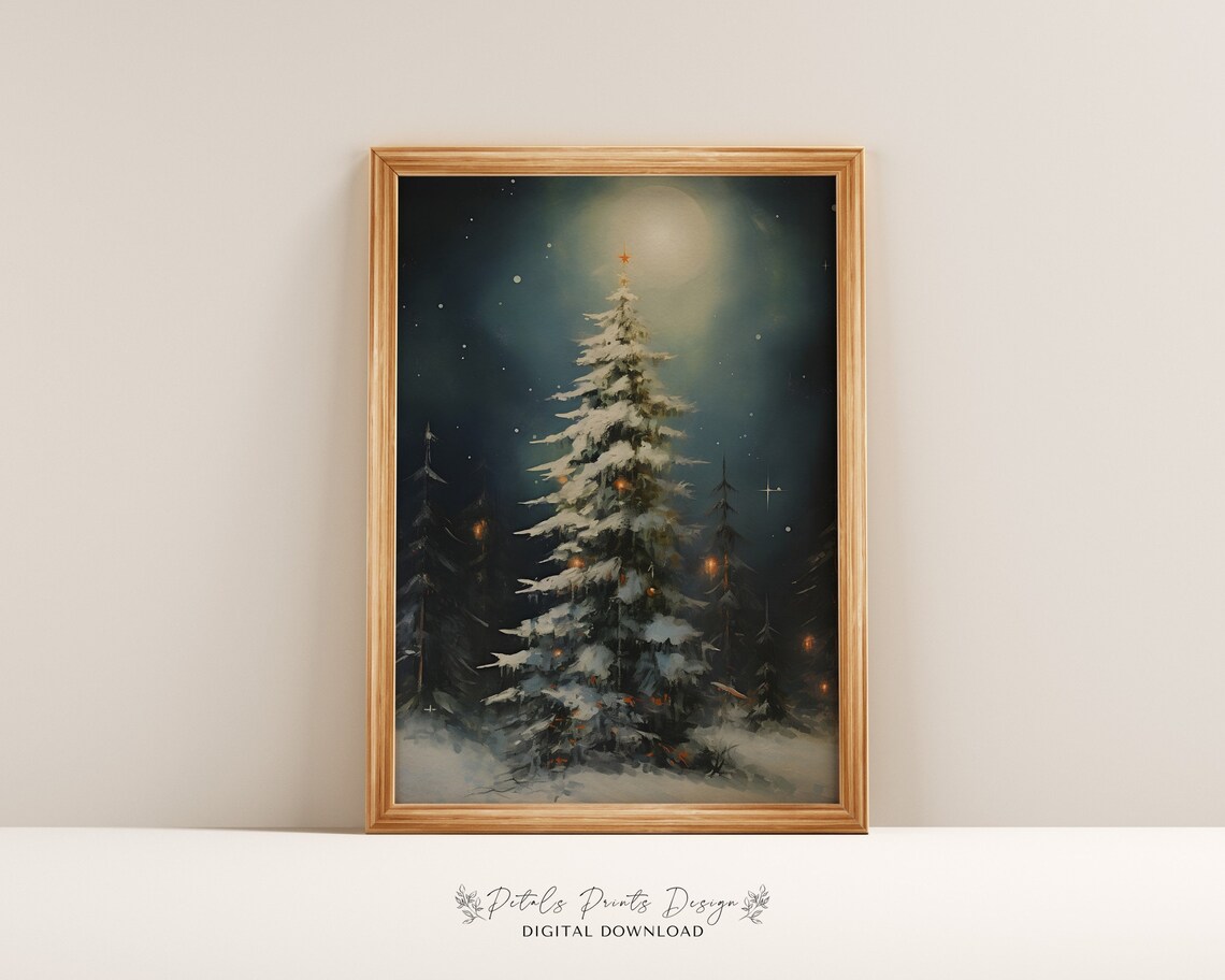 Snowy Christmas Tree Moonlight Star Night Vintage Holiday Poster