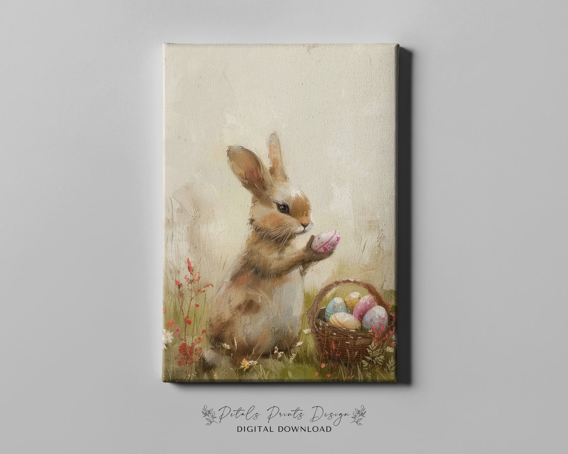 Cute Bunny Holding Painted Easter Egg Beside Basket Art Poster - Image 4