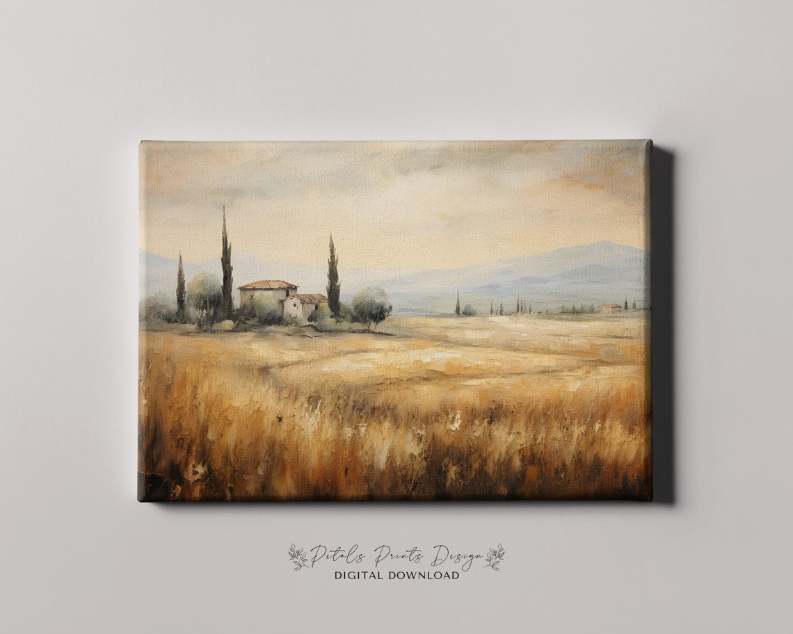 Tuscan Villa Golden Wheat Field Soft Sky Rustic Landscape Oil Poster - Image 4