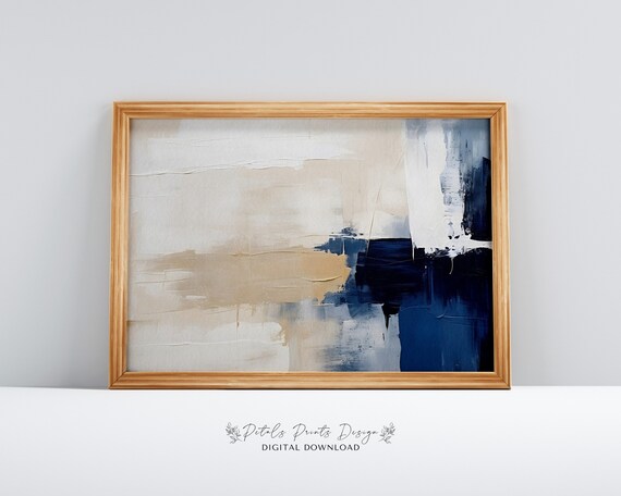 Neutral Beige Navy Abstract Brushstroke Minimalist Art Poster