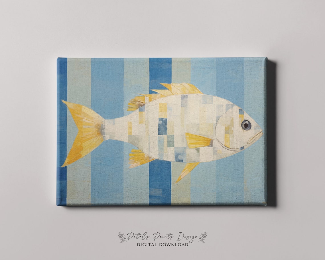 Pale Mosaic Fish on Blue Striped Background Minimalist Art Poster - Image 4