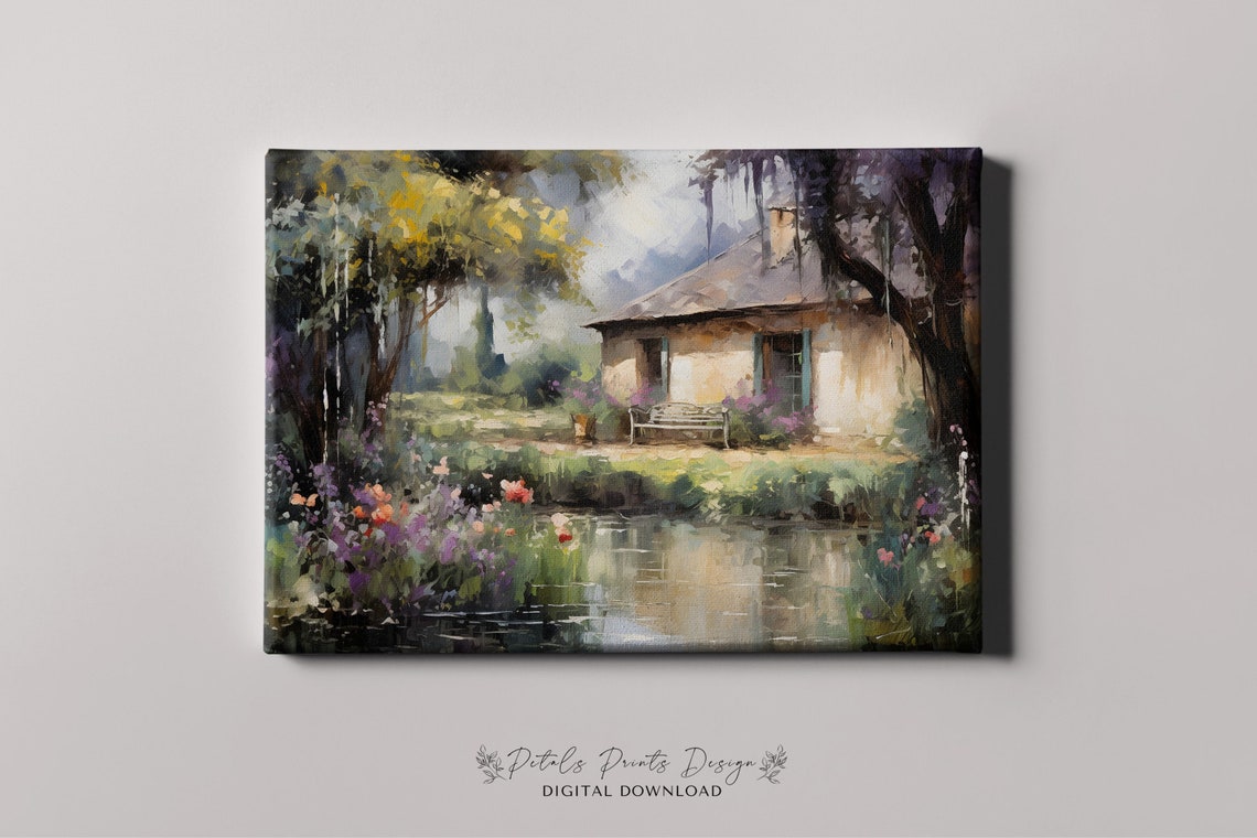 Rustic Cottage by a Flower Filled Pond Impressionist Scene Poster - Image 4