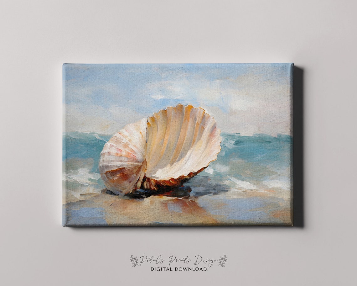 Golden Scallop Shell on Shore with Gentle Waves Coastal Poster - Image 4