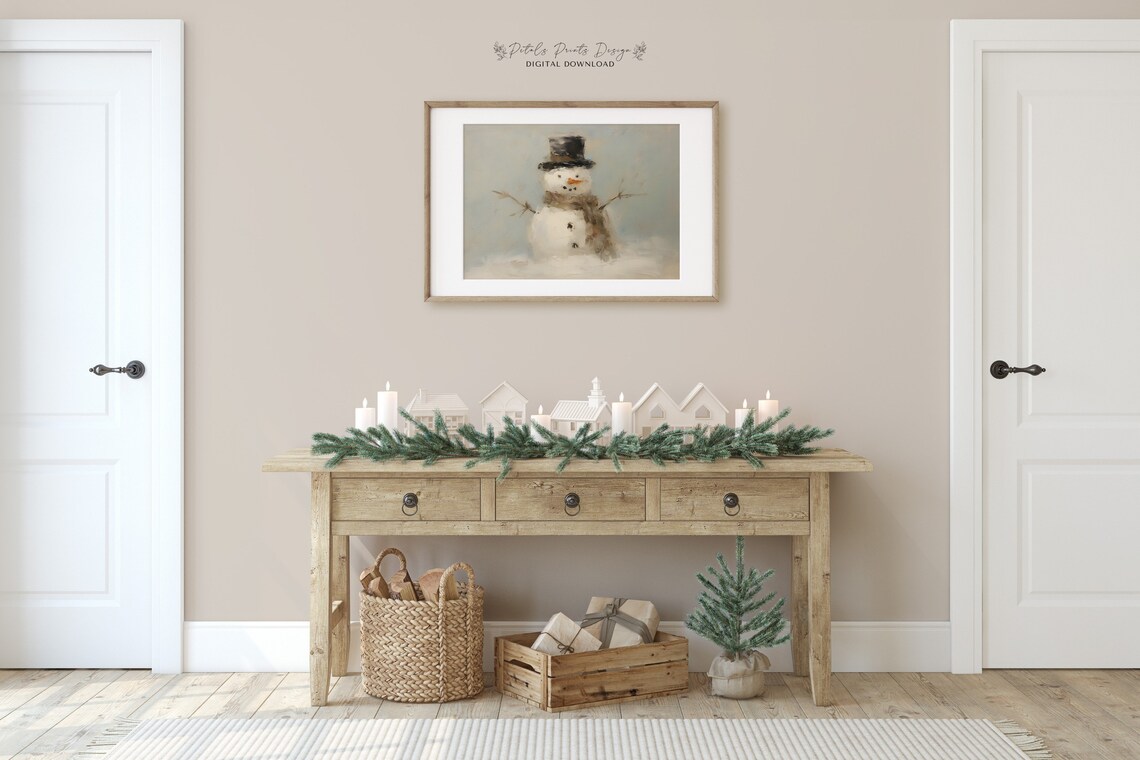 Christmas Snowman Still Life, Rustic Vintage Art Print - Image 2