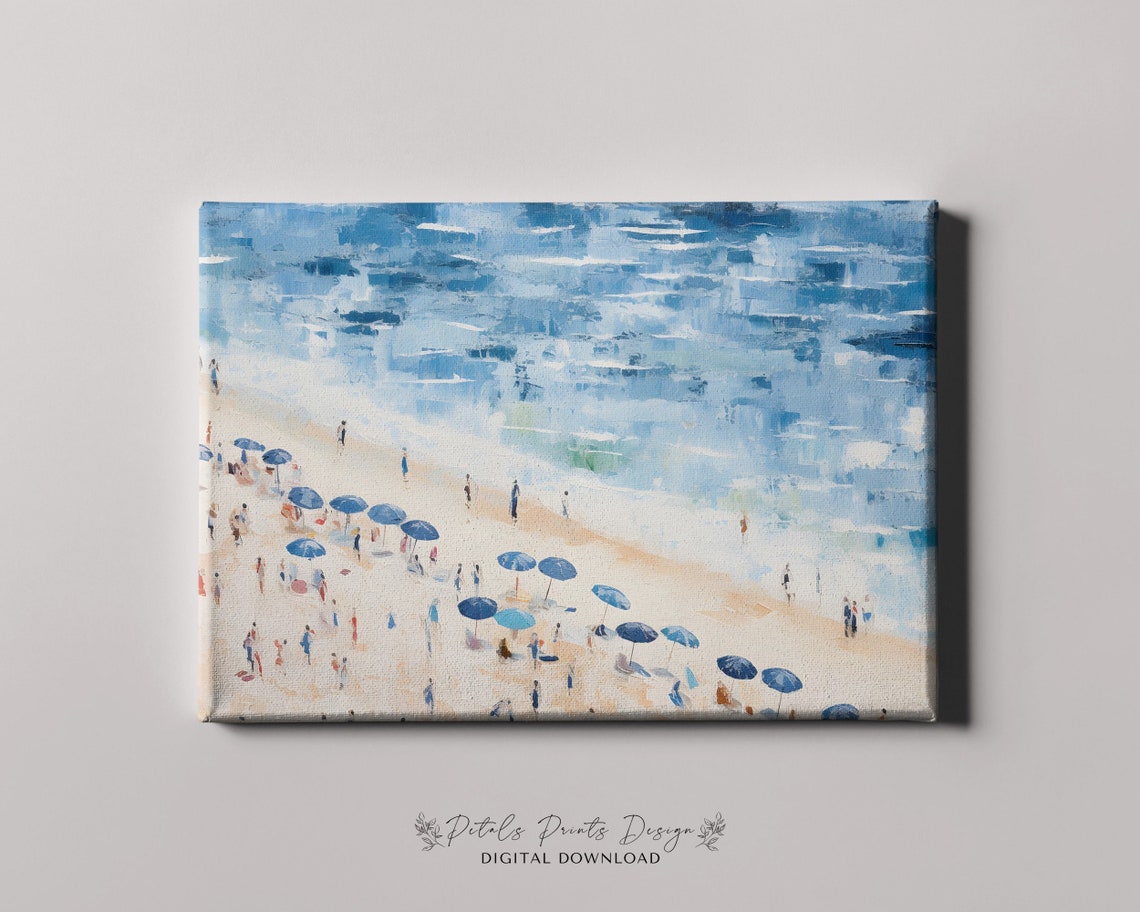 Aerial Beach Blue Umbrellas Sandy Shore Summer People Art Poster - Image 4