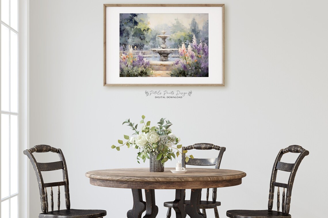 Stone Fountain in Blooming Garden Purple Flowers Impressionist Poster - Image 2