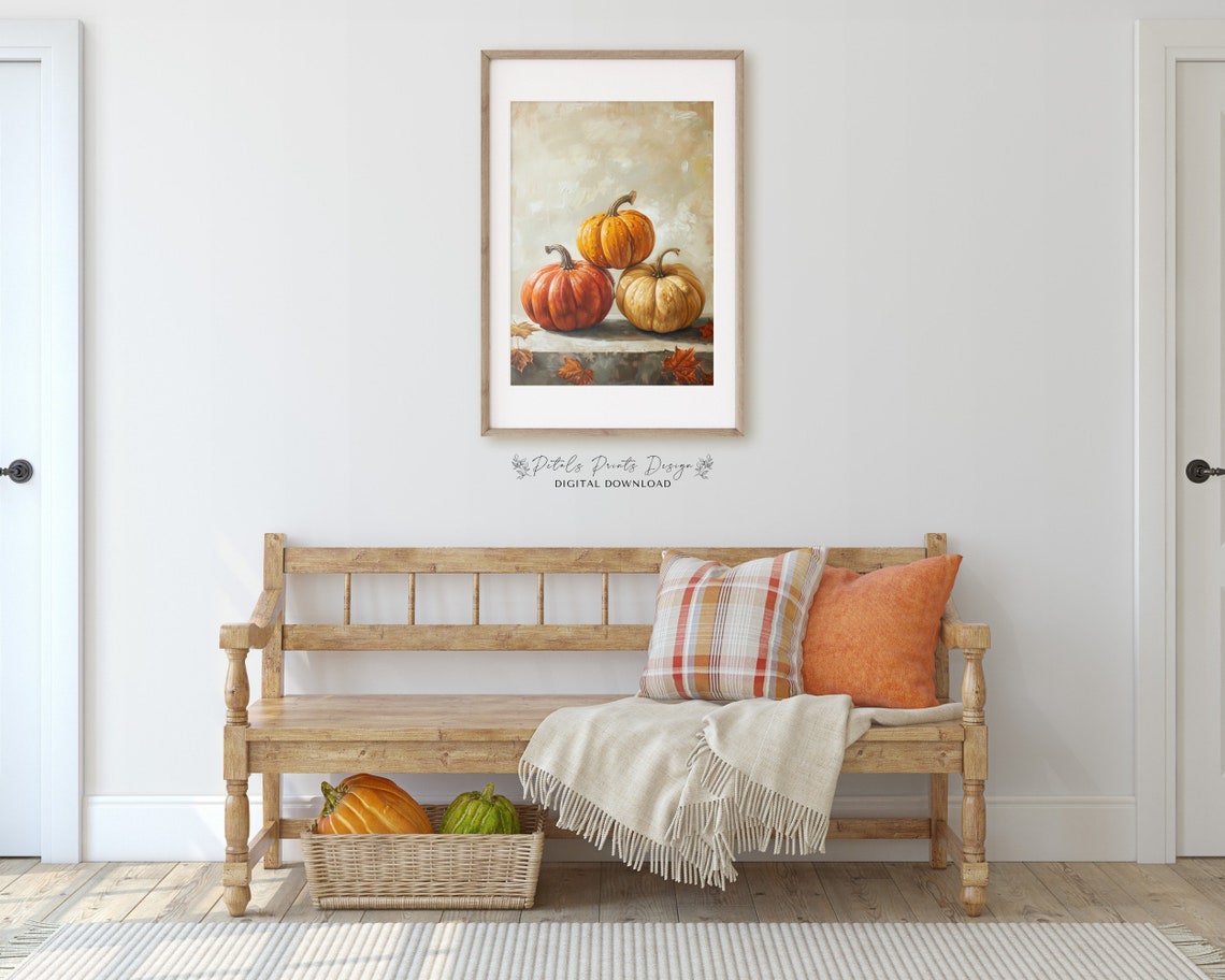 Autumn Pumpkin Trio Still Life Vintage Fall Harvest Art Print - Image 3