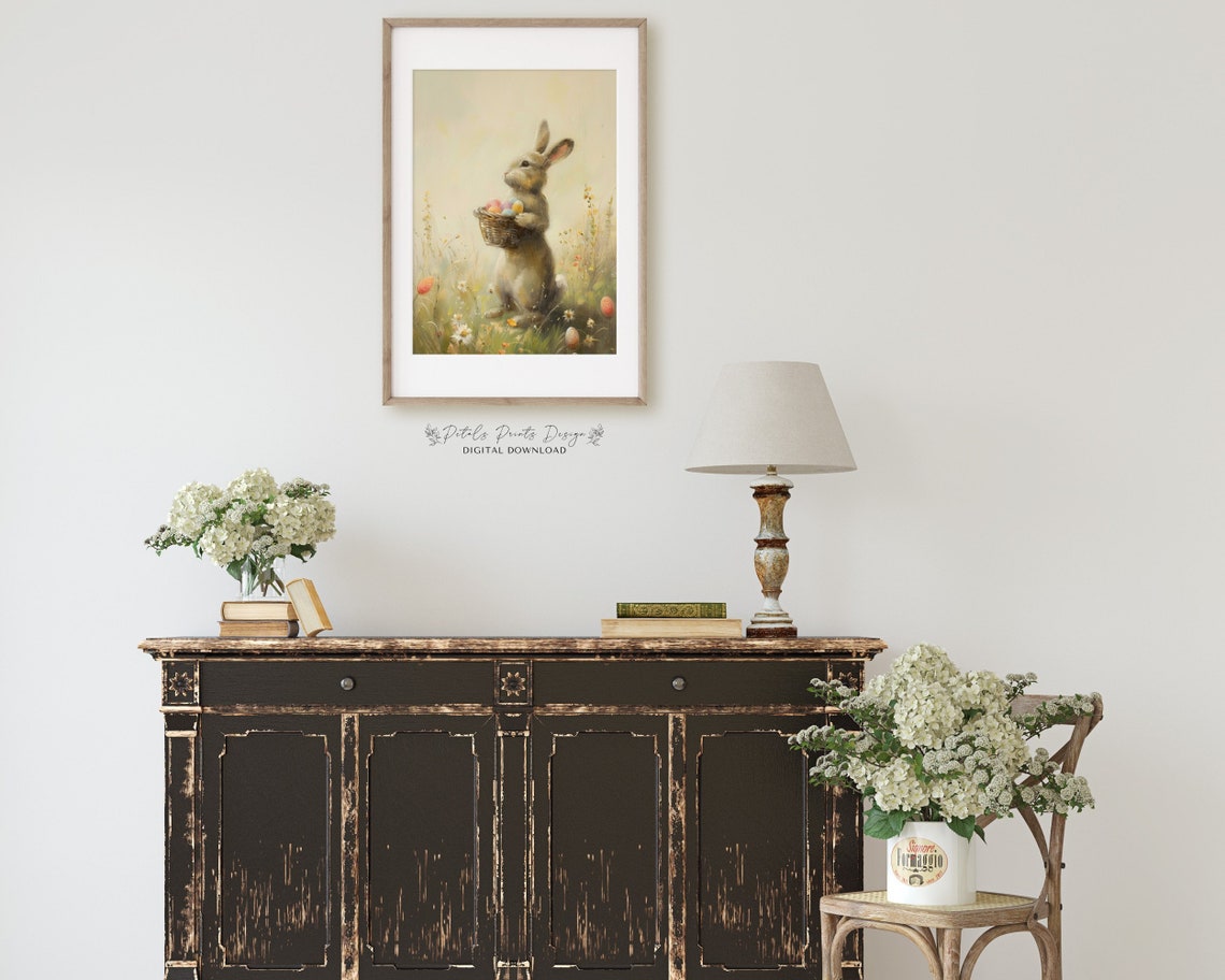 Little Bunny Holding Tiny Easter Egg Basket Standing Rabbit Poster - Image 2