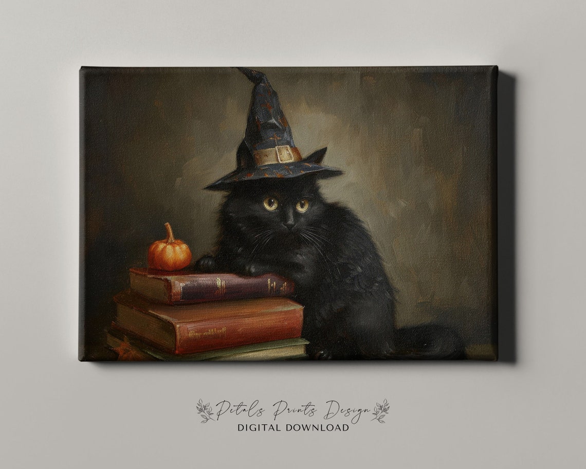 Fluffy Black Cat With Witch Hat And Pumpkin Fall Painting Poster - Image 4