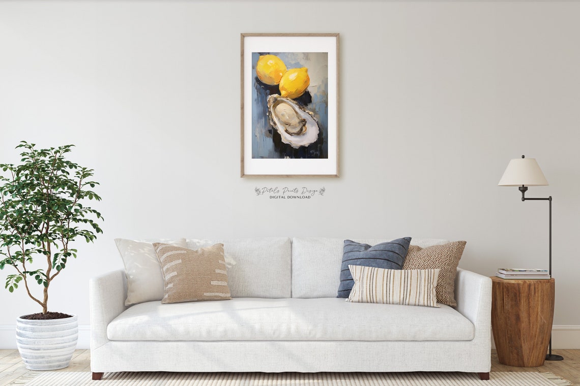 Oyster Two Lemons Still Life Dark Navy Background Art Poster - Image 2