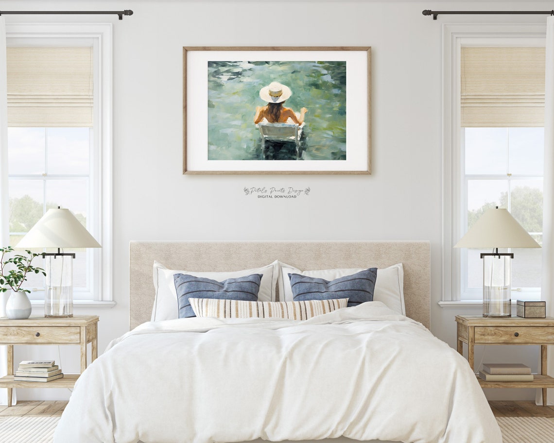 Woman in Sun Hat Floating in Green Water Summer Scene Poster - Image 2