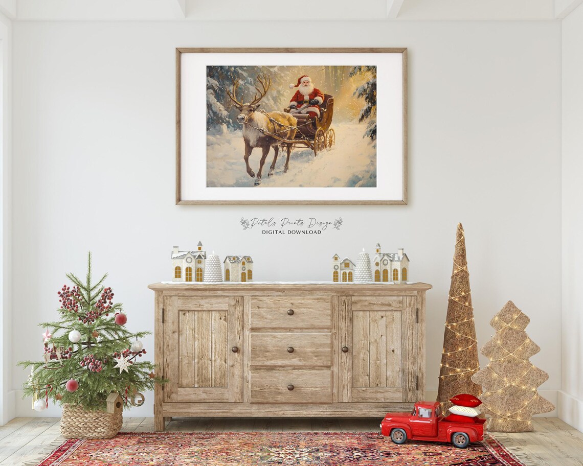 Santa Claus In Sleigh With Reindeer Snowy Christmas Painting Poster - Image 3
