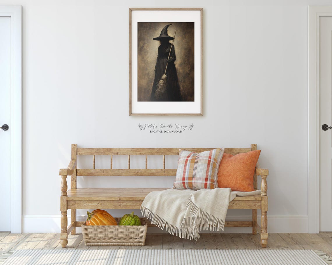 Shadowy Witch With Broom Moody Dark Academia Halloween Wall Art - Image 3