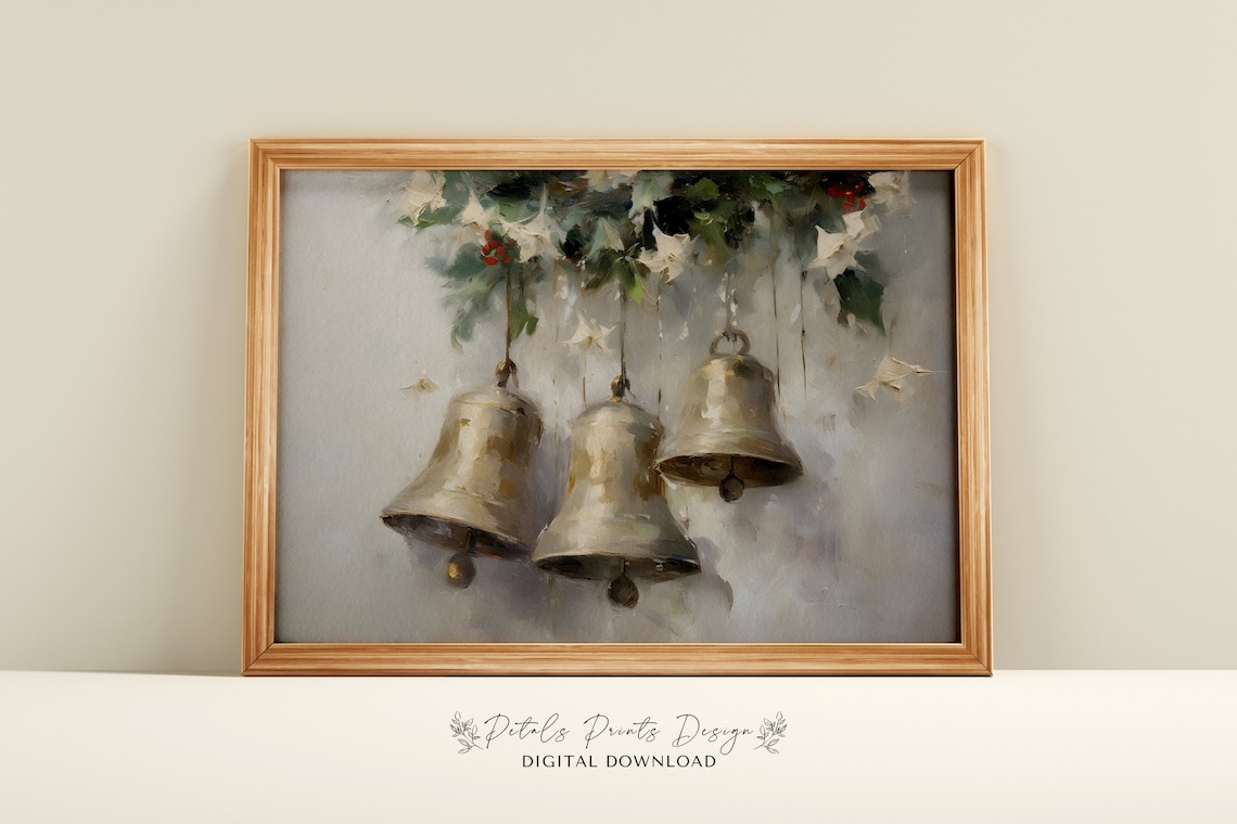 Christmas Bells Still Life, Rustic Vintage Holiday Art Print