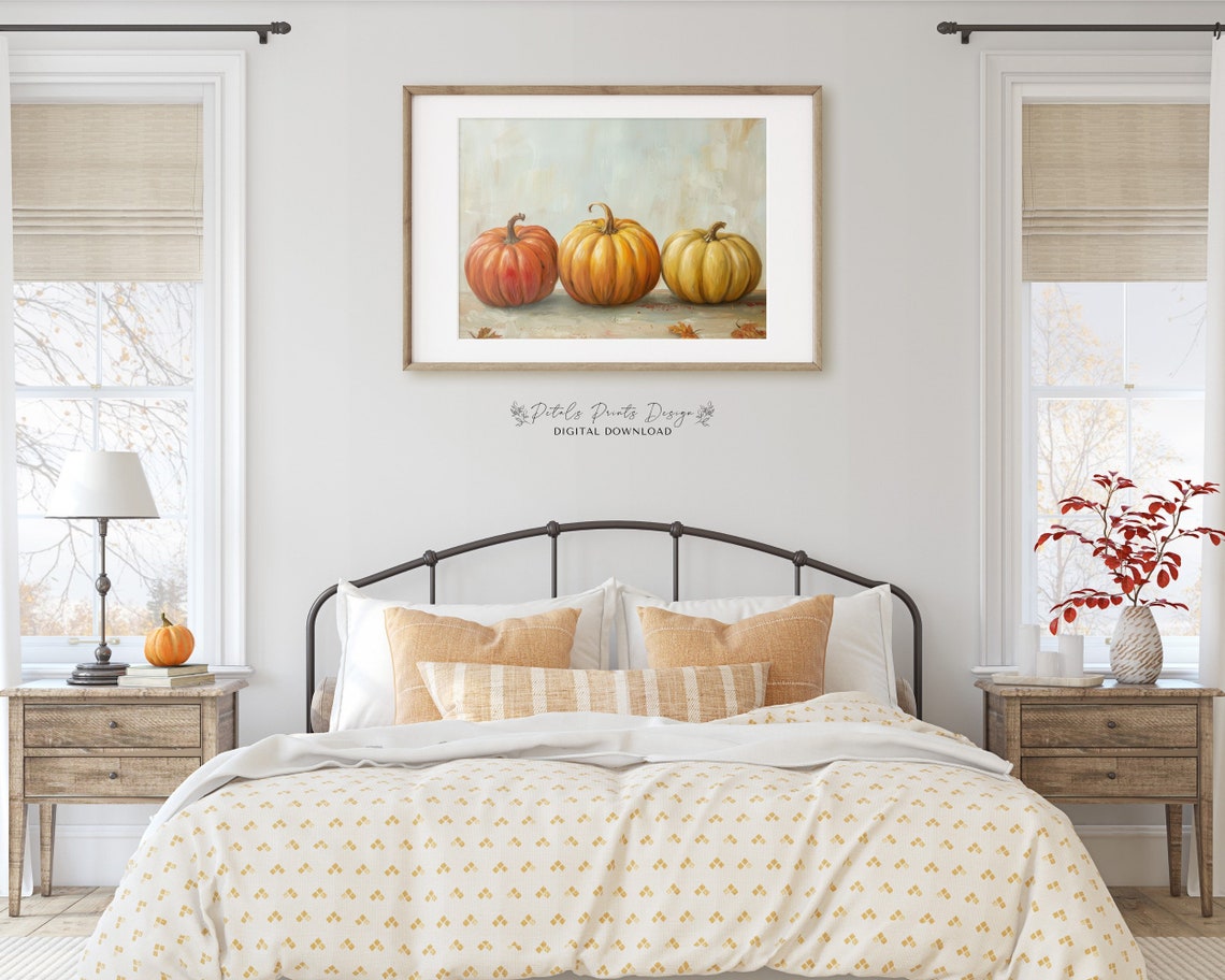 Pumpkin Trio Stone Ledge Autumn Leaves Rustic Fall Art Print - Image 3