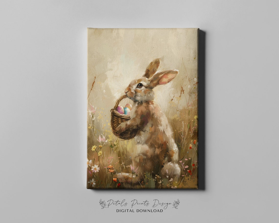 Bunny Carrying Easter Egg Basket Looking Back Vintage Art Poster - Image 4