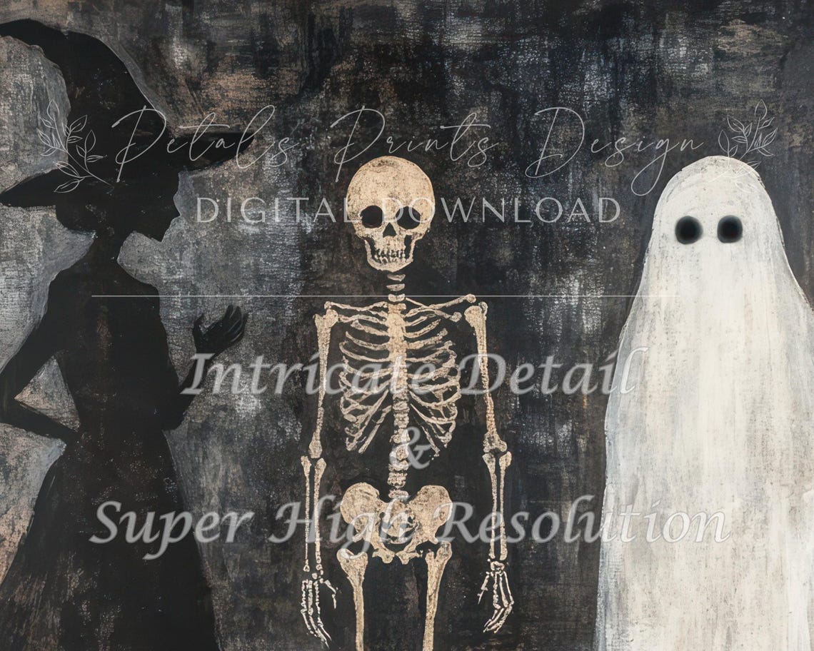 Spooky Halloween Trio Witch Skeleton Ghost Dark Painting Poster - Image 2