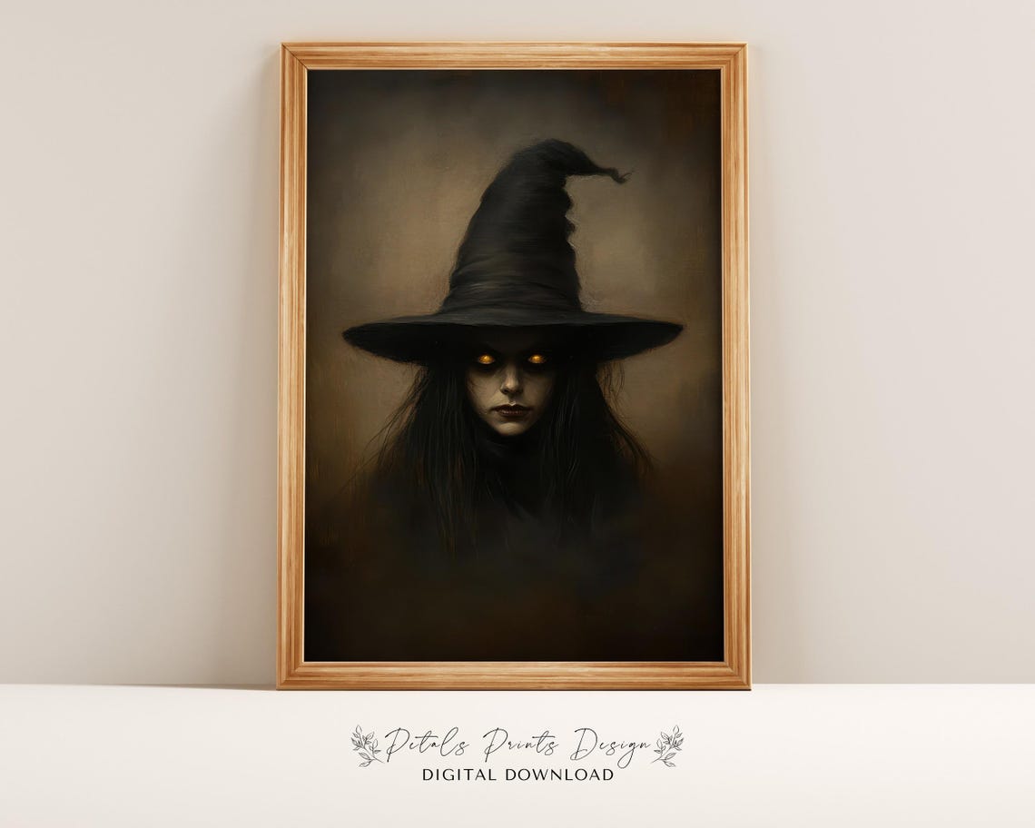 Witch Portrait With Glowing Eyes Black Hat Gothic Halloween Poster