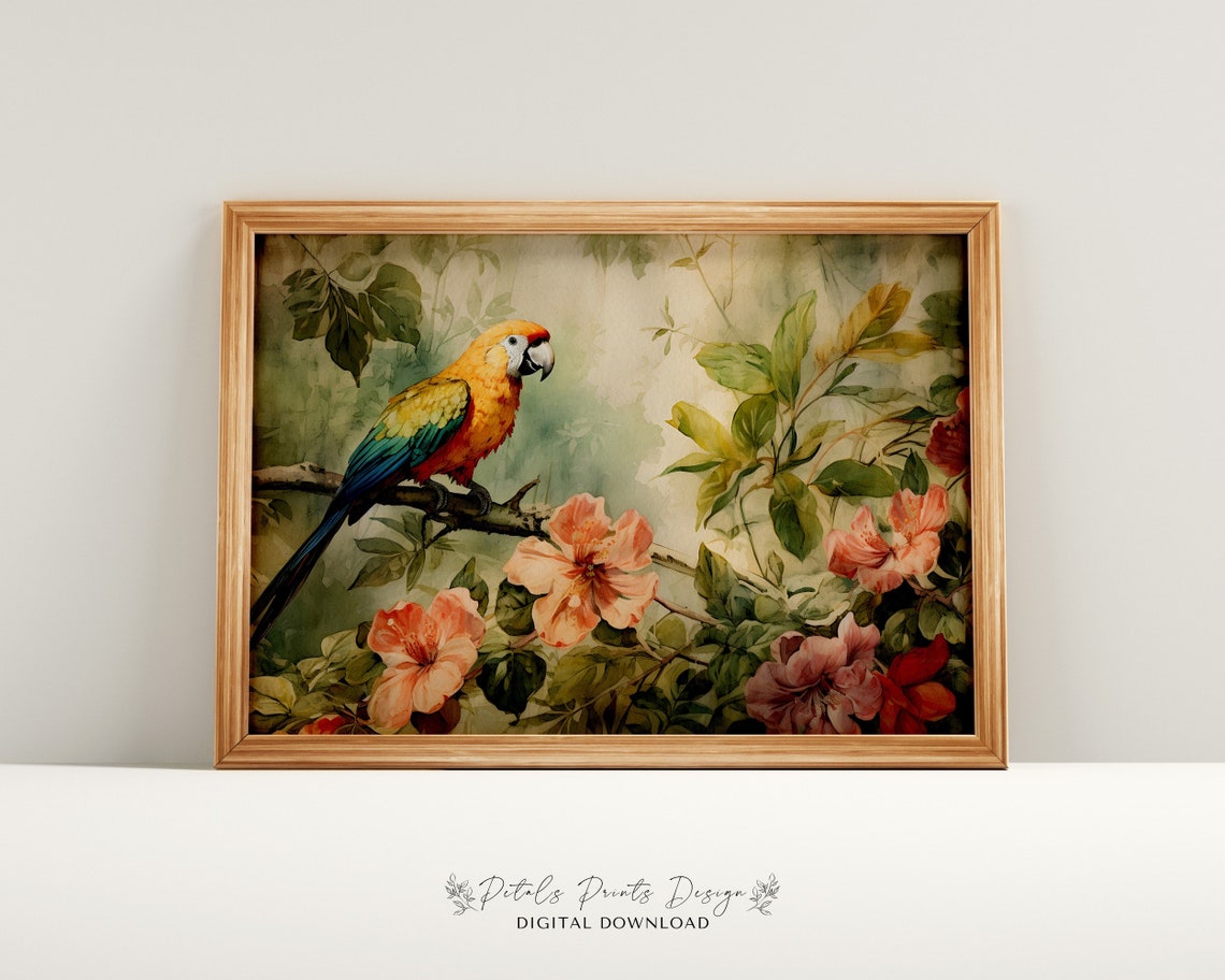 Orange Macaw Parrot Pink Hibiscus Flowers Tropical Bird Poster