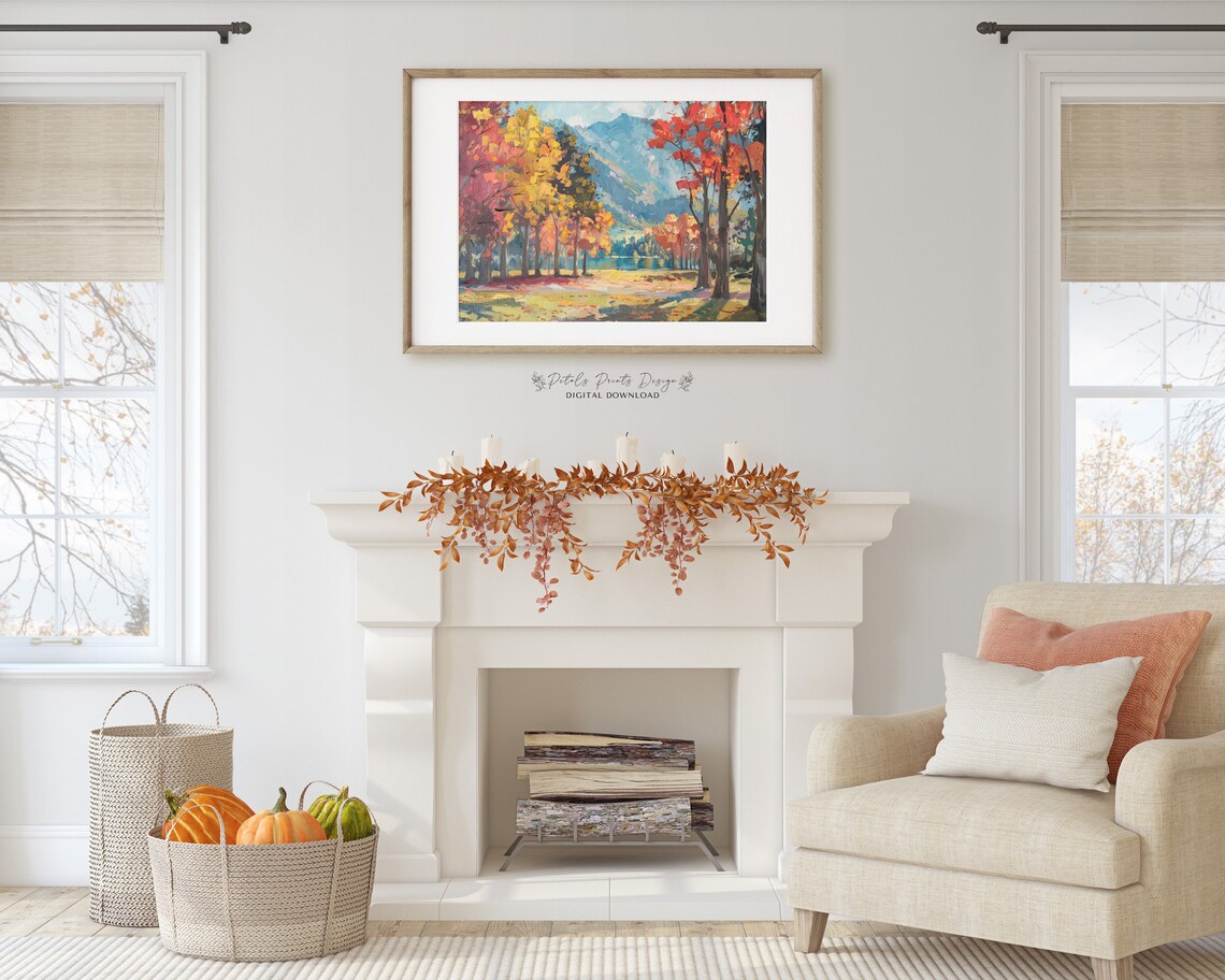 Colorful Autumn Lakeside Landscape Oil Painting Fall Trees Art Print - Image 2