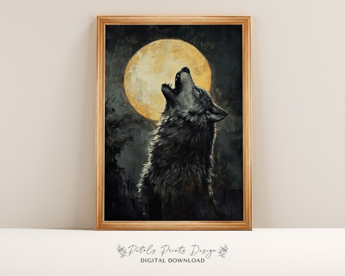 Howling Wolf Under Golden Full Moon Dark Night Painting Poster
