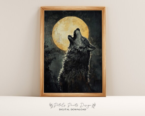 Howling Wolf Under Golden Full Moon Dark Night Painting Poster