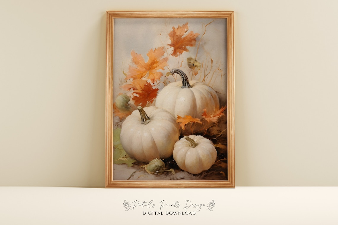 Fall Pumpkin Still Life Painting, Vintage Autumn Print