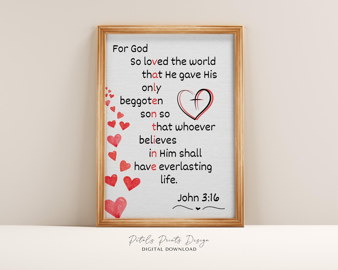 John 3:16 Bible Verse with Red Watercolor Hearts and Cross Art Poster