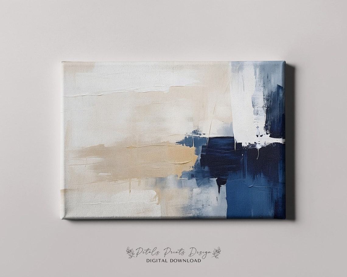 Neutral Beige Navy Abstract Brushstroke Minimalist Art Poster - Image 4